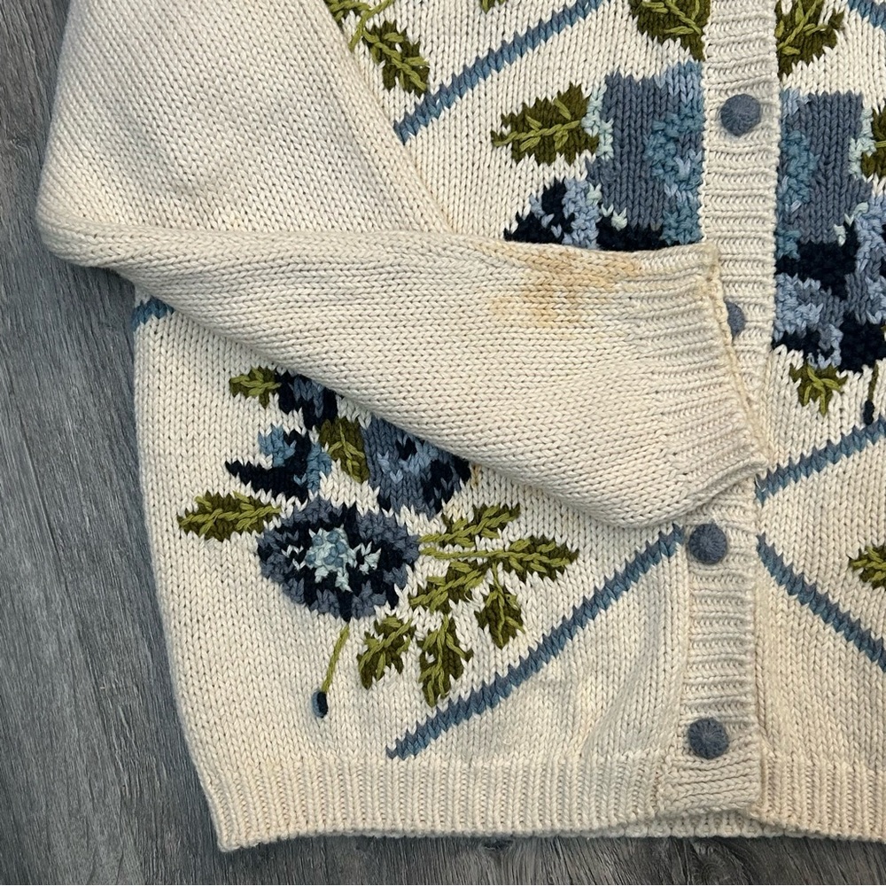 Cardigan Size S Ivory Blue Floral Knit Embroidered Granny Grandma Cottage Core - Picture 5 of 5